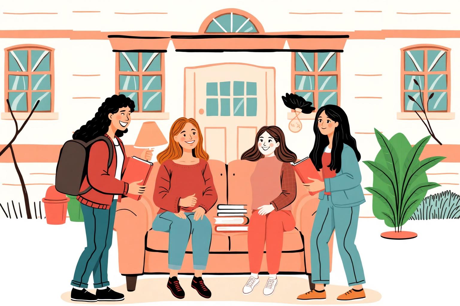 Students sharing items in front of a dorm